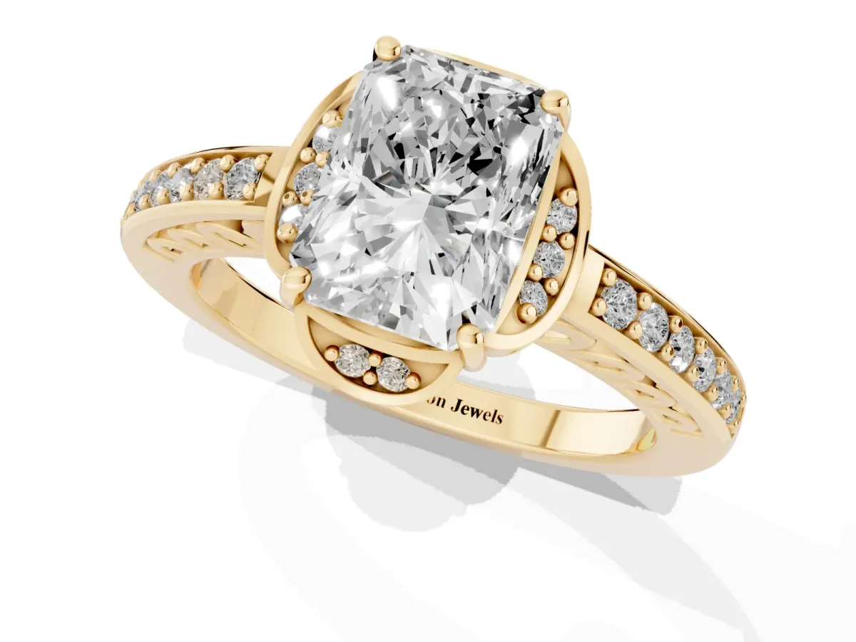 Radiant Cut Cut Halo Diamond Ring with Channel Set Band and Four-Prong Setting Yellow gold