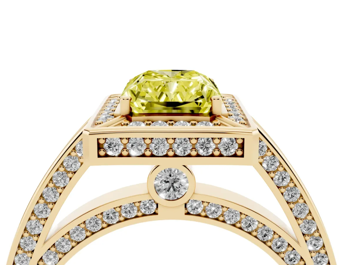 Fancy Yellow Radiant Cut Cut Halo Pave Split Shank Prong Setting Ring Yellow gold