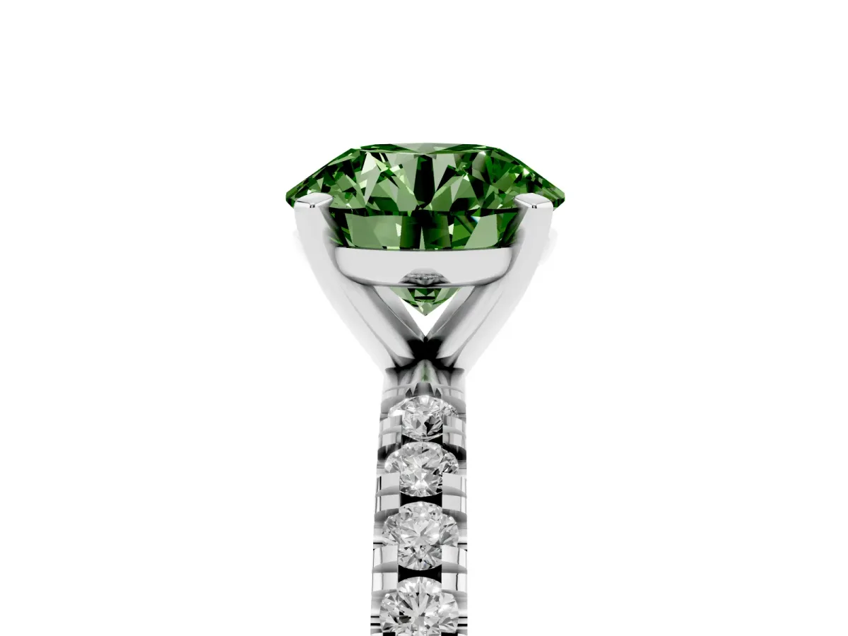 Fancy Green Round Cut Diamond Pavé Band Solitaire with Four-Prong Setting Silver