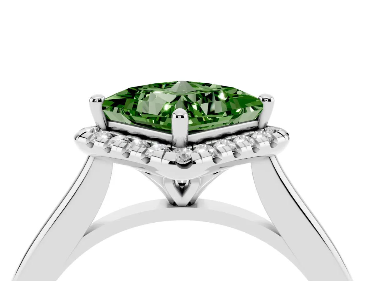 Fancy Green Princess Cut Halo Round Diamond Solitaire Engagement Ring with Pave Band and Four-Prong Setting White gold