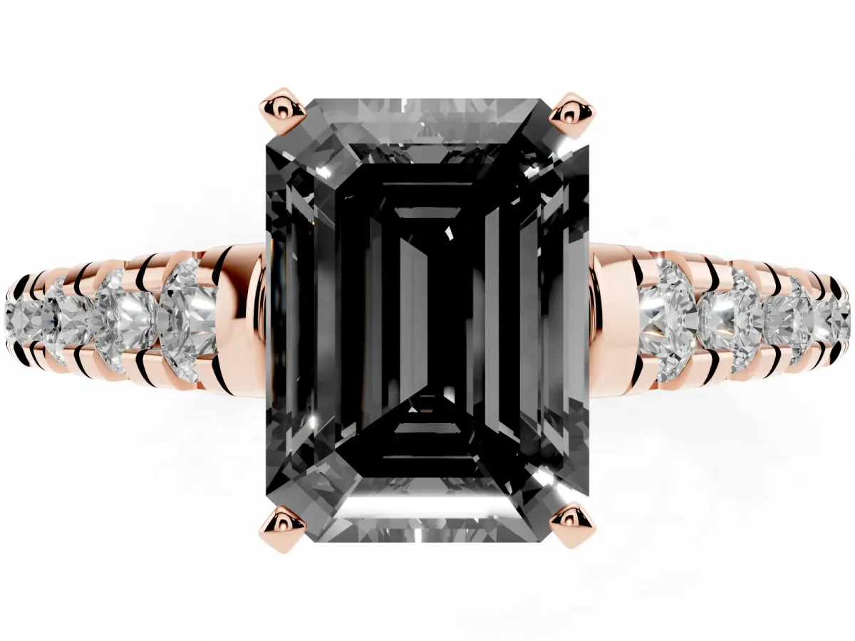 Fancy Black Emerald Cut Diamond Cathedral Solitaire Ring with Round Pavé Band Rose gold
