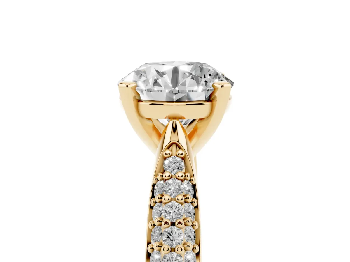 Round Cut Diamond Solitaire Engagement Ring with Multi-Row Round Pavé Band and Prong Setting Yellow gold