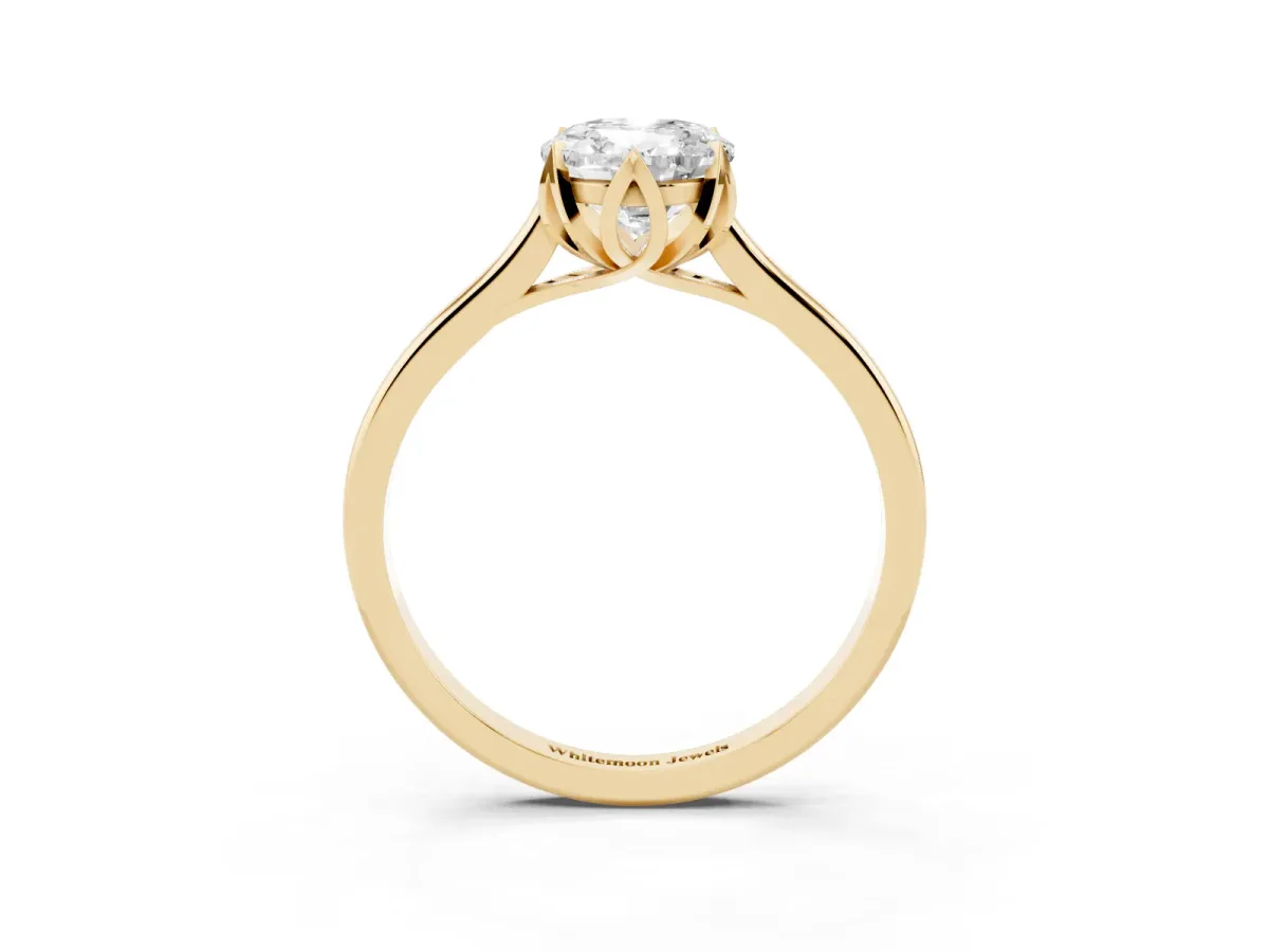 Oval Cut Diamond Solitaire Ring with Flower Prong Setting and Classic Band Yellow gold