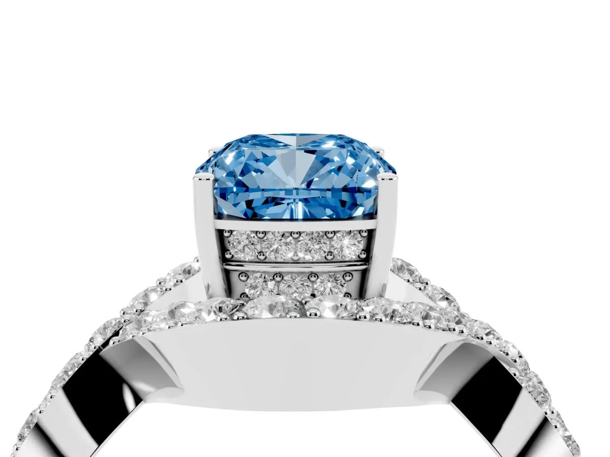 Fancy Blue Cushion Cut Solitaire Twist Band Pavé Diamond Engagement Ring White gold