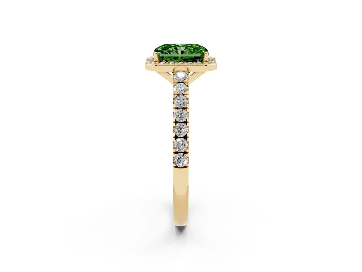 Fancy Green Radiant Cut Cut Halo Diamond Engagement Ring with Pave Band and Four-Prong Setting Yellow gold
