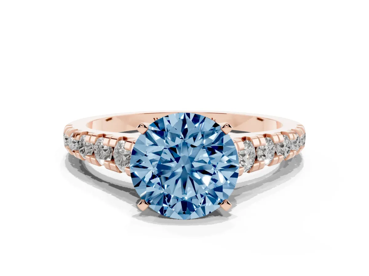Fancy Blue Round Cut Diamond Cathedral Solitaire Ring with Round Pavé Band Rose gold
