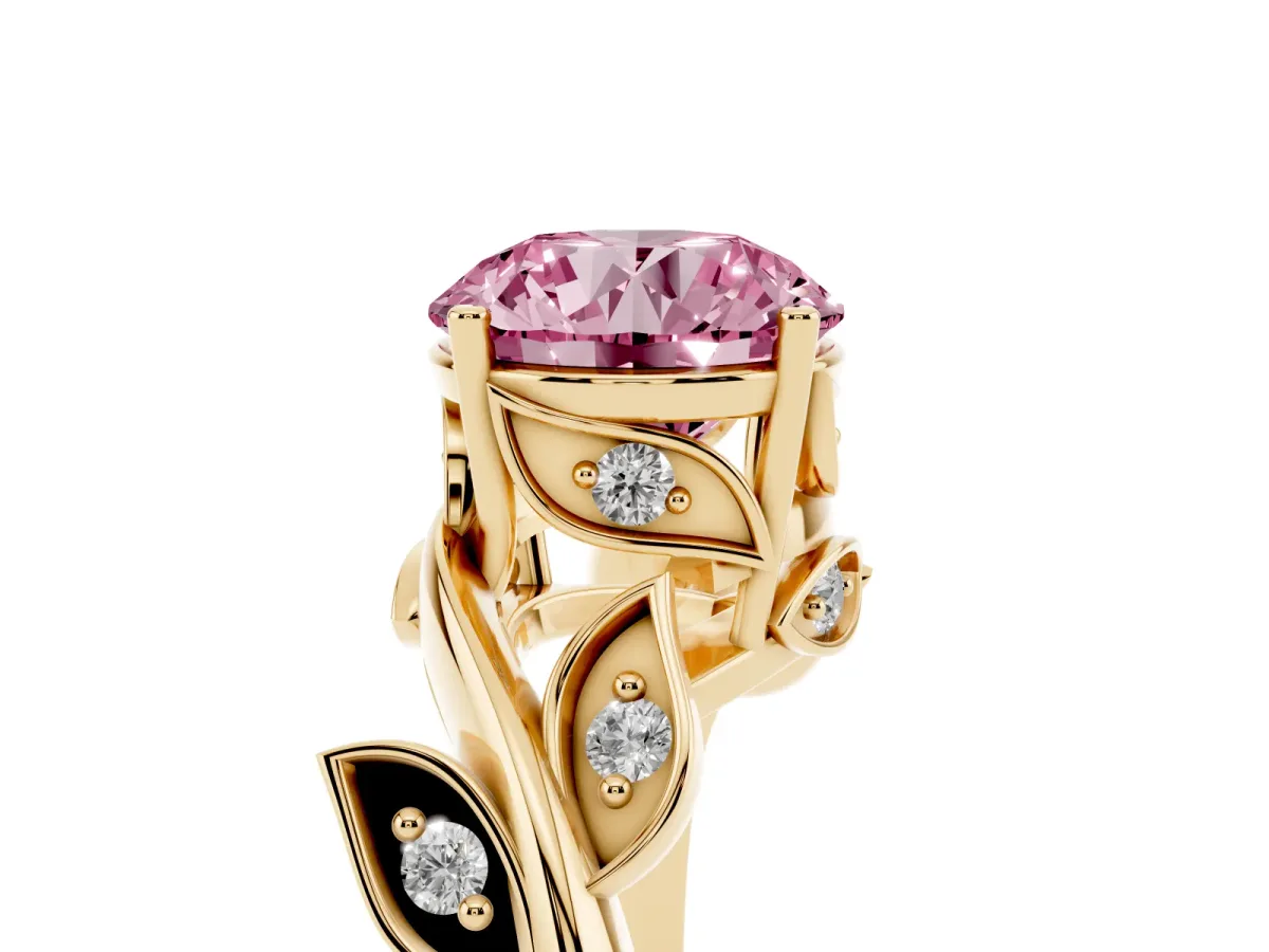 Fancy Pink Round Cut Solitaire Twist Engagement Ring with Leaf Accents and Prong Setting Yellow gold