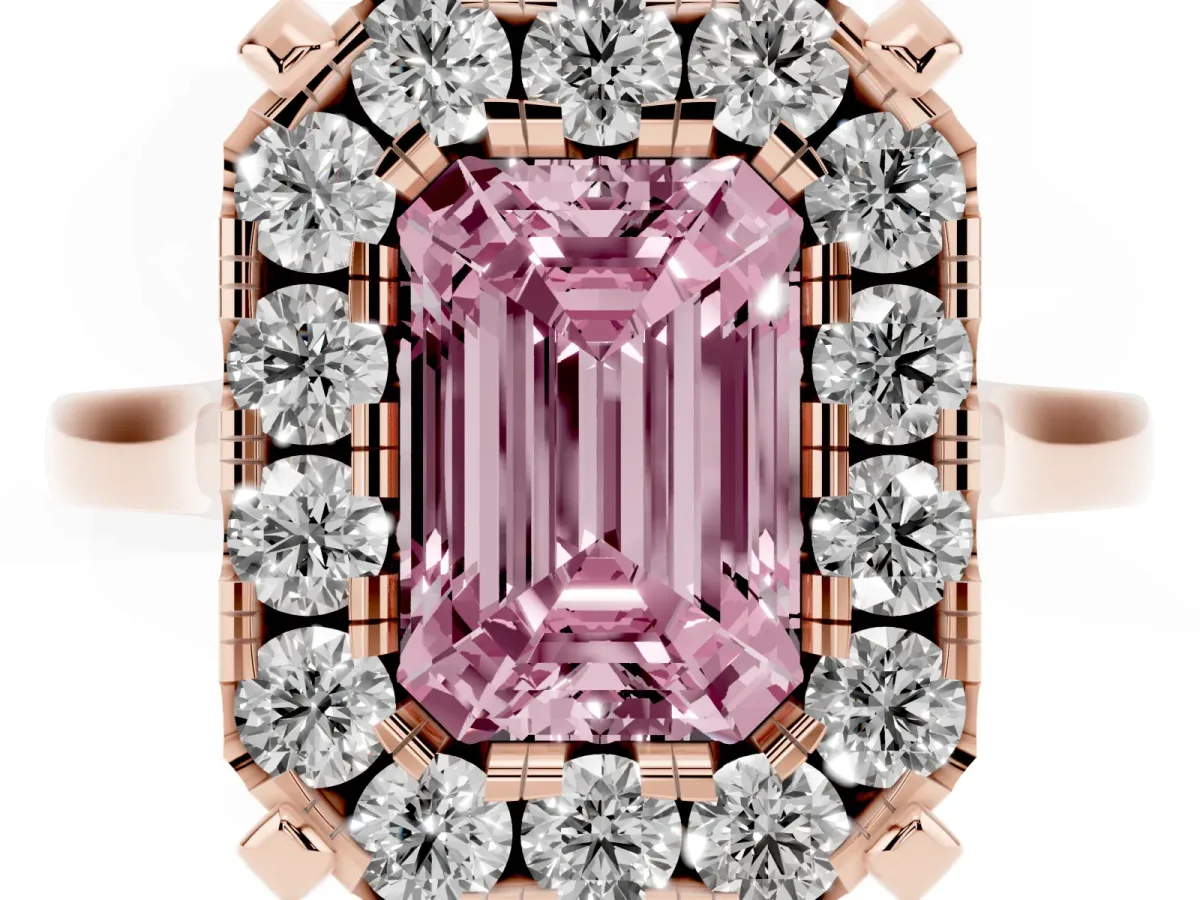 Fancy Pink Emerald Cut Diamond Cluster Halo Solitaire with Four-Prong Setting Rose gold