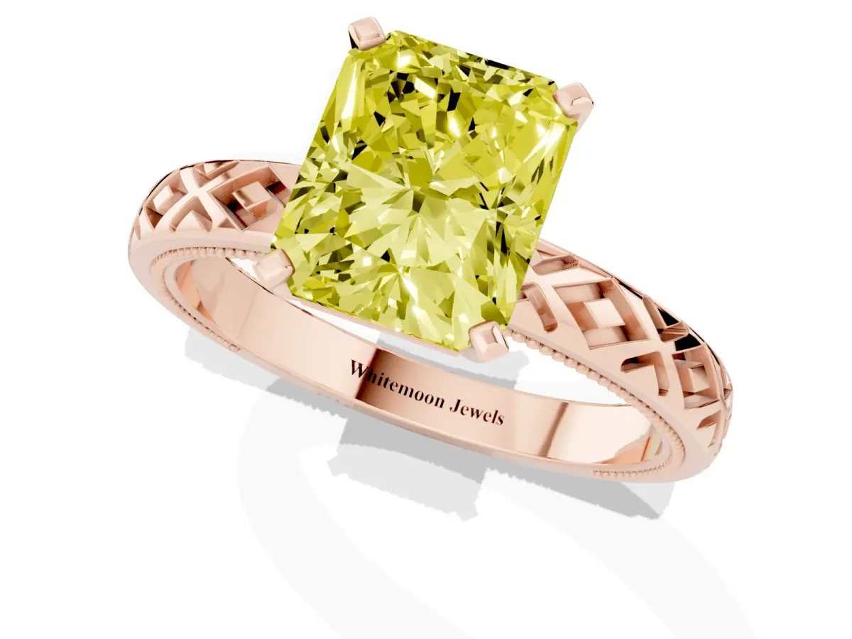 Fancy Yellow Radiant Cut Solitaire Diamond Ring with Milgrain and Black Enamel X Pattern Band Rose gold