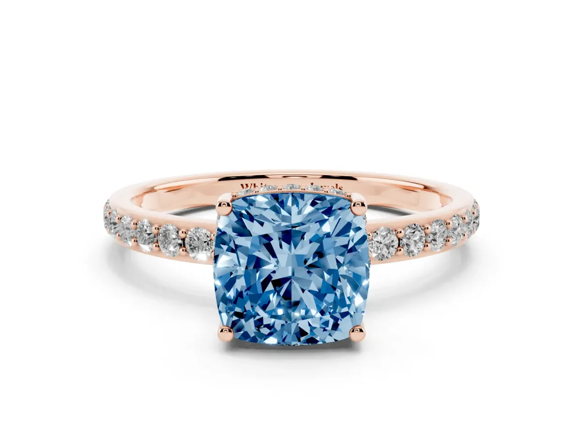 Fancy Blue Cushion Cut Diamond Solitaire Ring with Pavé Band and Hidden Halo Rose gold