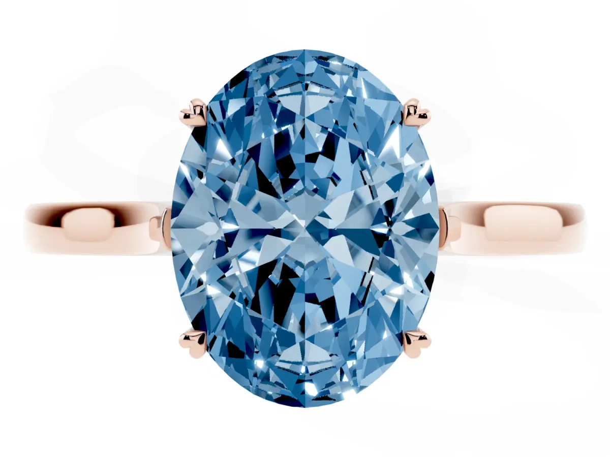 Fancy Blue Oval Cut Solitaire Heart Prong Engagement Ring with Tapered Band Rose gold