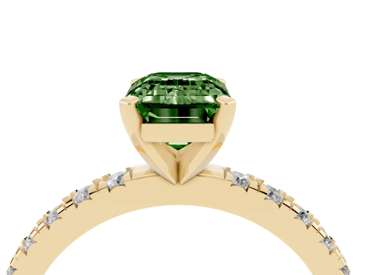 Fancy Green Emerald Cut Diamond Pavé Band Solitaire with Four-Prong Setting Yellow gold