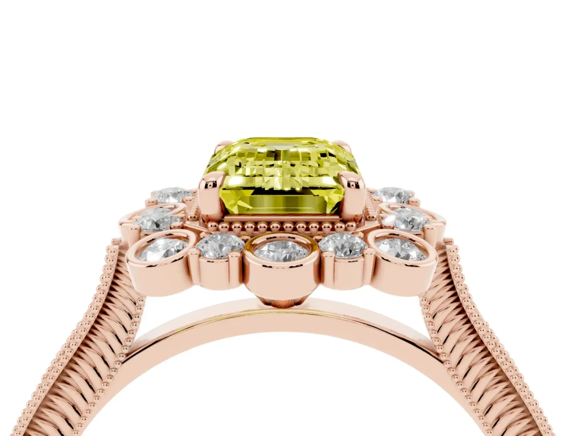 Fancy Yellow Emerald Cut Halo Milgrain Pave Diamond Ring with Four-Prong Setting Rose gold
