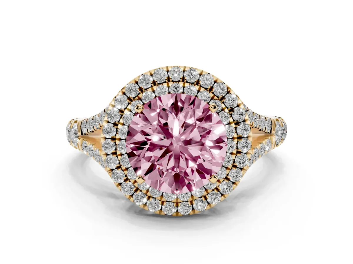 Fancy Pink Round Cut Cut Double Halo Split Shank Diamond Ring with Prong Setting Yellow gold