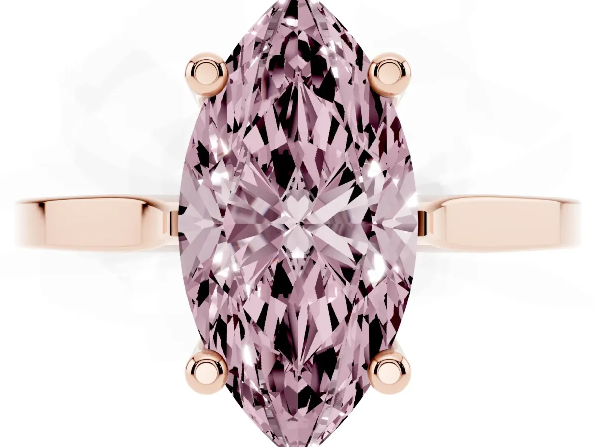 Fancy Pink Marquise Cut Solitaire Diamond Ring with Four-Prong Setting and Tapered Band Rose gold