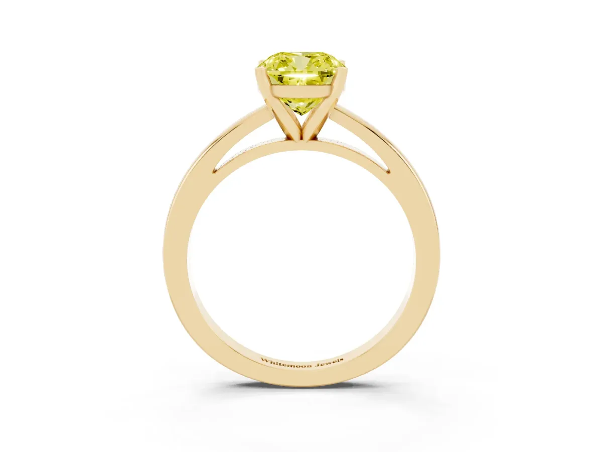 Fancy Yellow Cushion Cut Solitaire Diamond Engagement Ring with Four-Prong Setting on a Classic Band Yellow gold