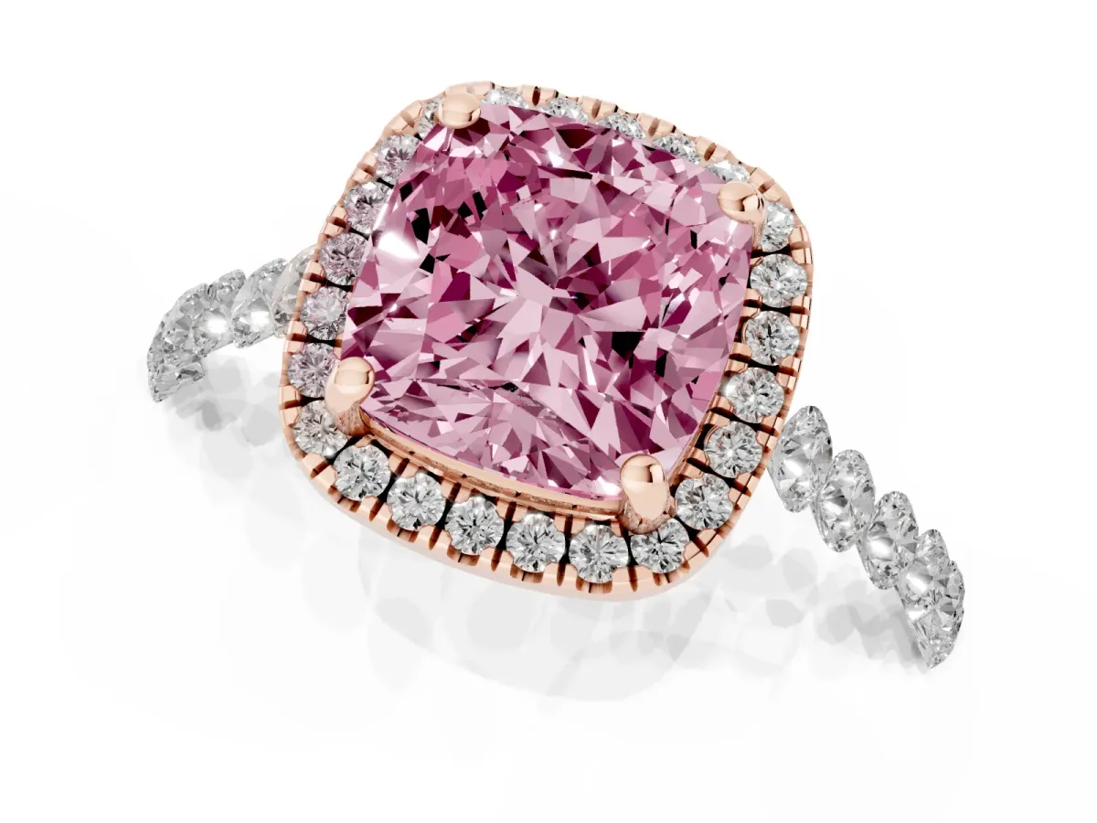 Fancy Pink Cushion Cut Halo Pavé Diamond Engagement Ring with Four-Prong Setting Rose gold