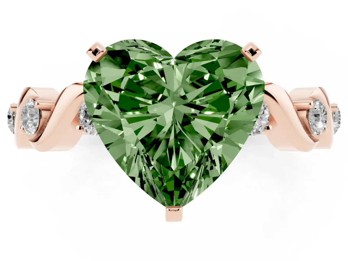 Fancy Green Heart Cut Diamond Solitaire Twisted Band with Round Accents and Prong Setting Rose gold