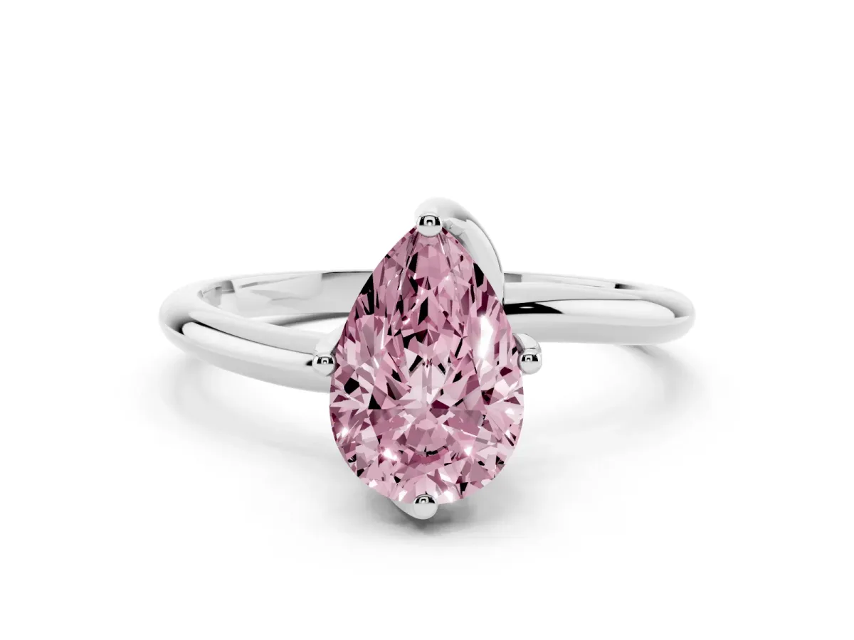 Fancy Pink Pear Cut Diamond Solitaire Engagement Ring with Four-Prong Setting and Classic Band Silver
