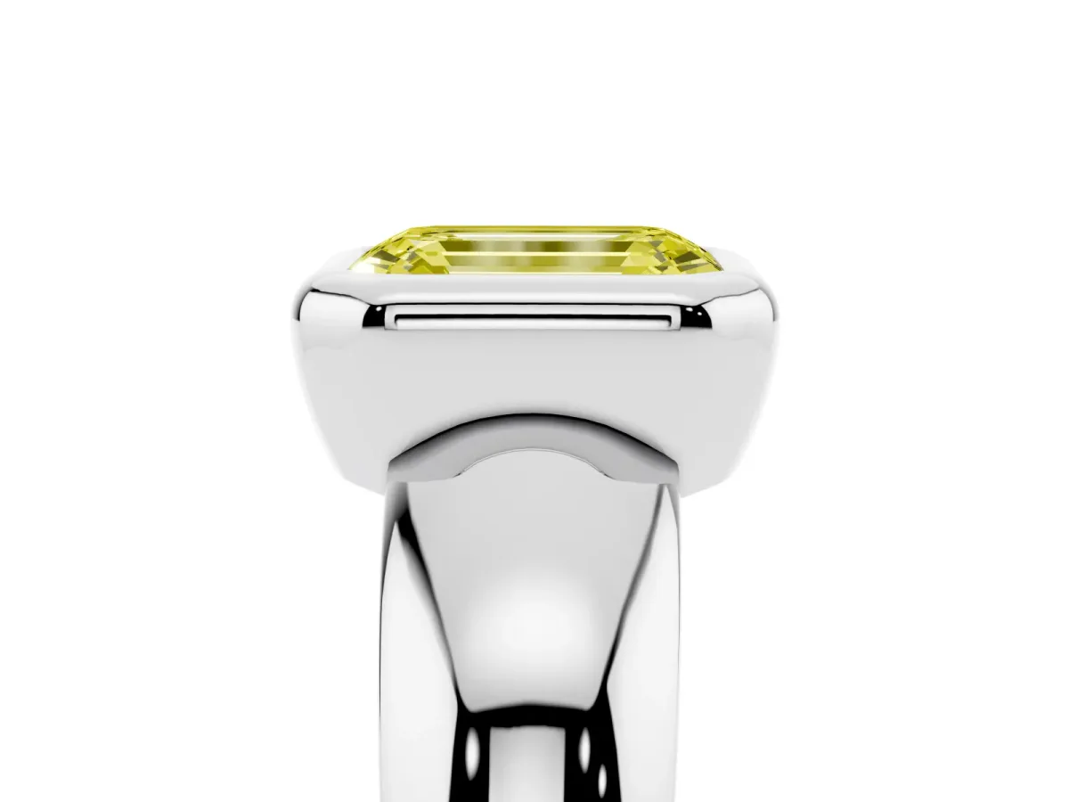 Fancy Yellow Bezel Set Emerald Cut Solitaire Ring with Wide Band White gold