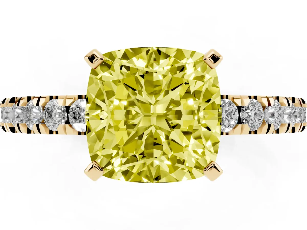 Fancy Yellow Cushion Cut Solitaire Diamond with Pavé Band and Four-Prong Setting Yellow gold