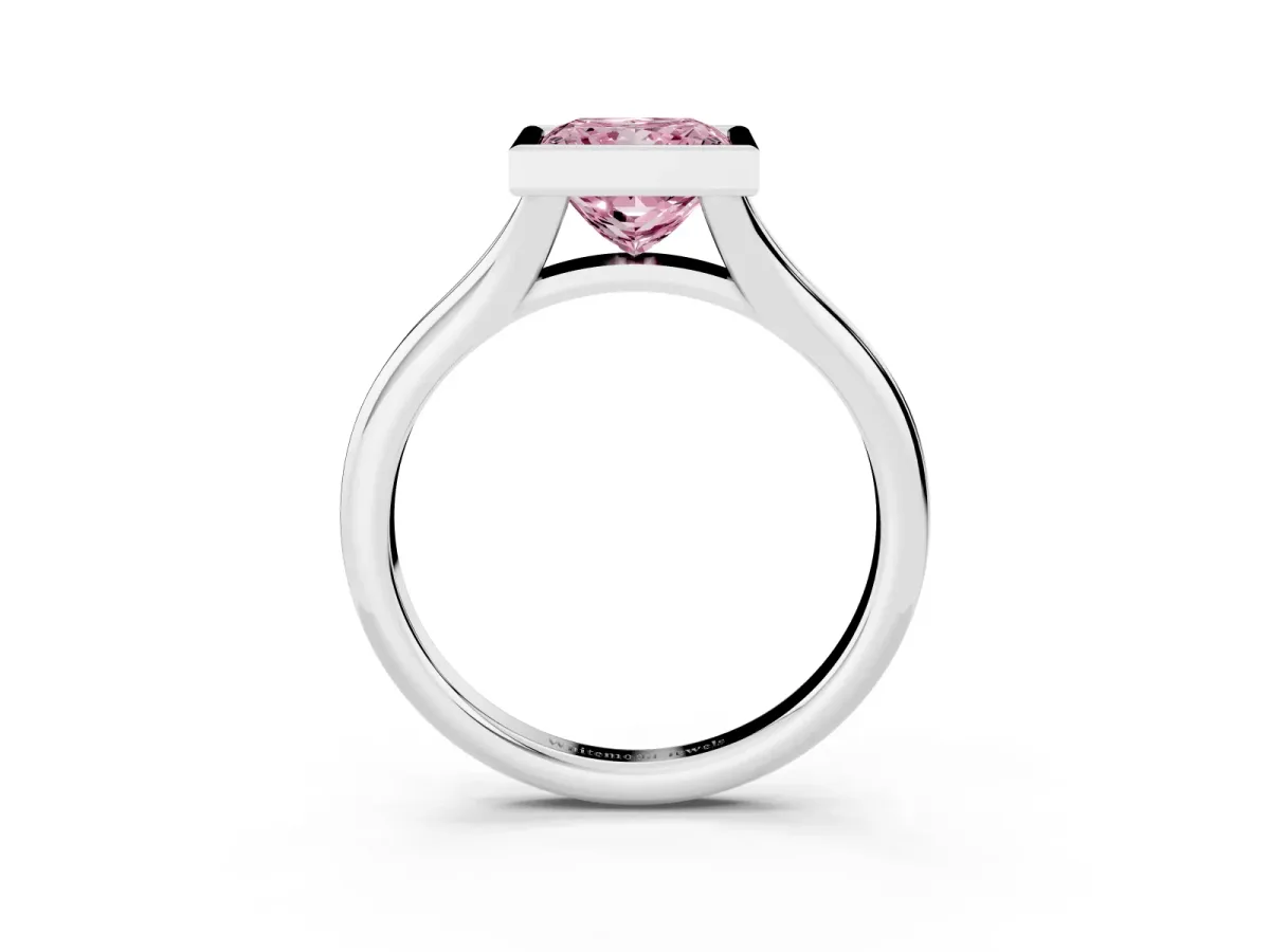 Fancy Pink Bezel Set Princess Cut Solitaire Diamond Ring with Smooth Band Platinum