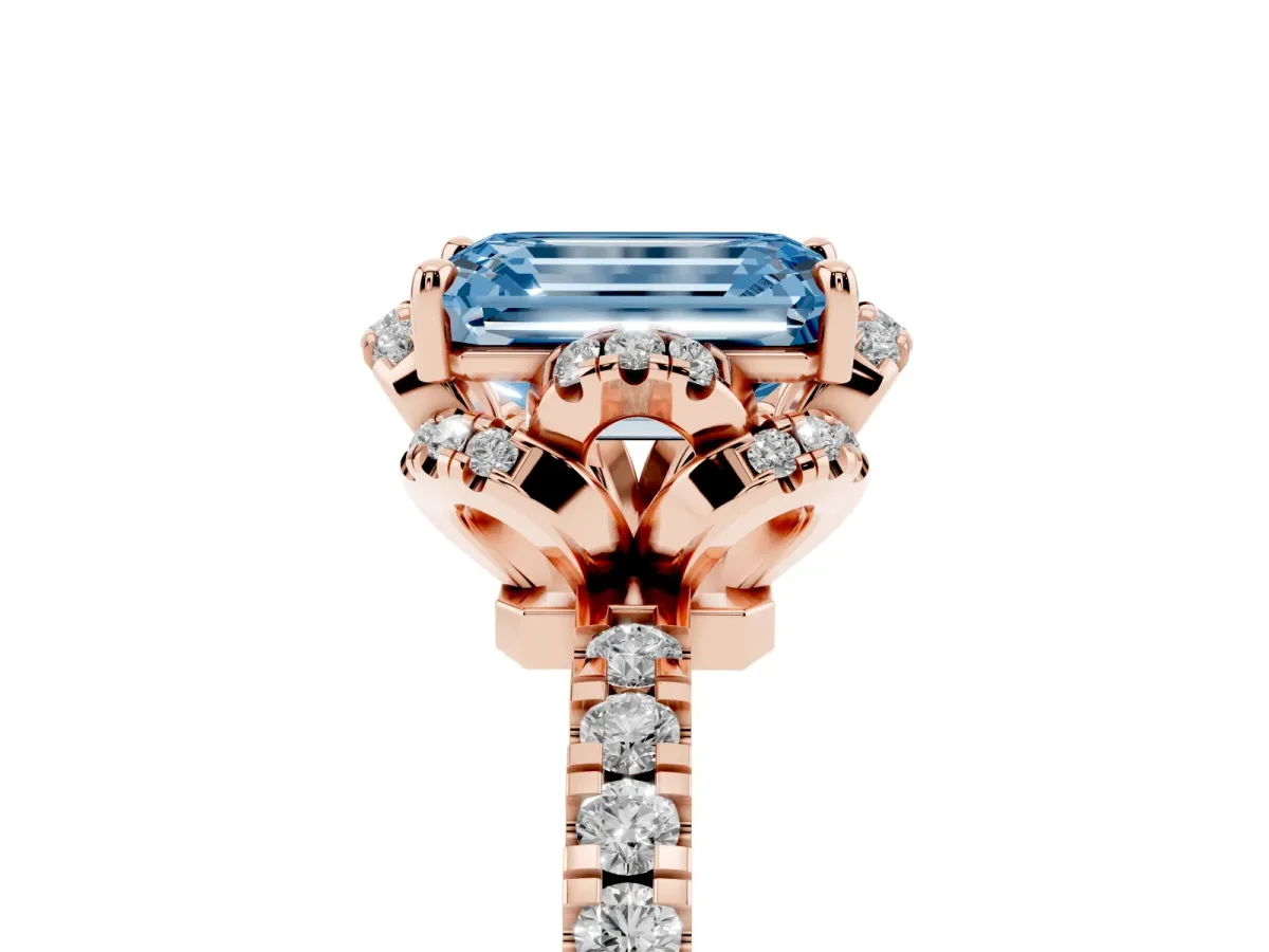 Fancy Blue Emerald Cut Halo Diamond Pave Band Ring with Four-Prong Setting Rose gold