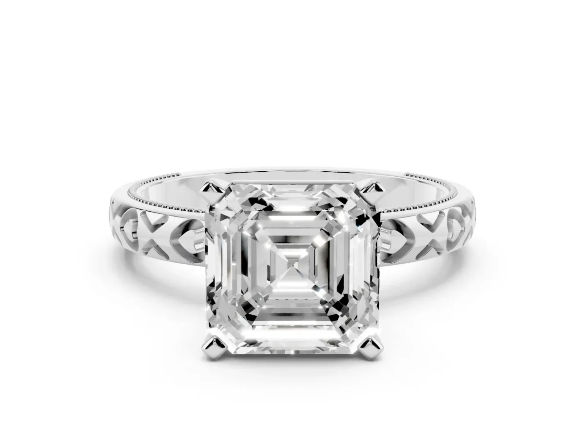 Asscher Cut Solitaire Diamond Engagement Ring with XO Engraved Band and Four-Prong Setting White gold