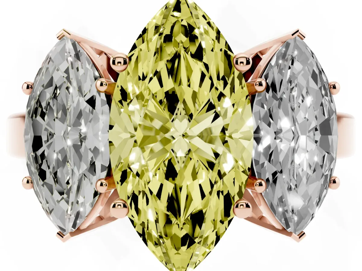 Fancy Yellow Three-Stone Marquise Cut Cut Diamond Engagement Ring with Flat Band and Four-Prong Setting Rose gold
