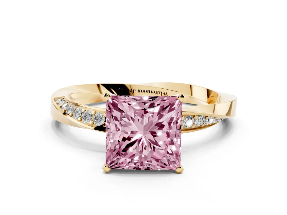 Fancy Pink Princess Cut Diamond Engagement Ring with Side Stone Accents and Four-Prong Setting Yellow gold