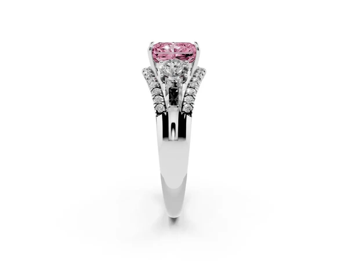Fancy Pink Three-Stone Radiant Cut Diamond Engagement Ring with Pave Band and Prong Setting Silver