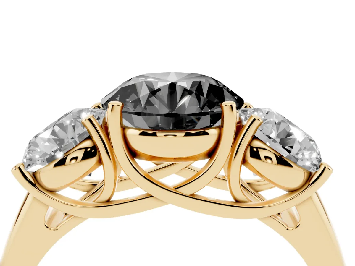 Fancy Black Three-Stone Round Cut Diamond Engagement Ring with Prong Setting Yellow gold