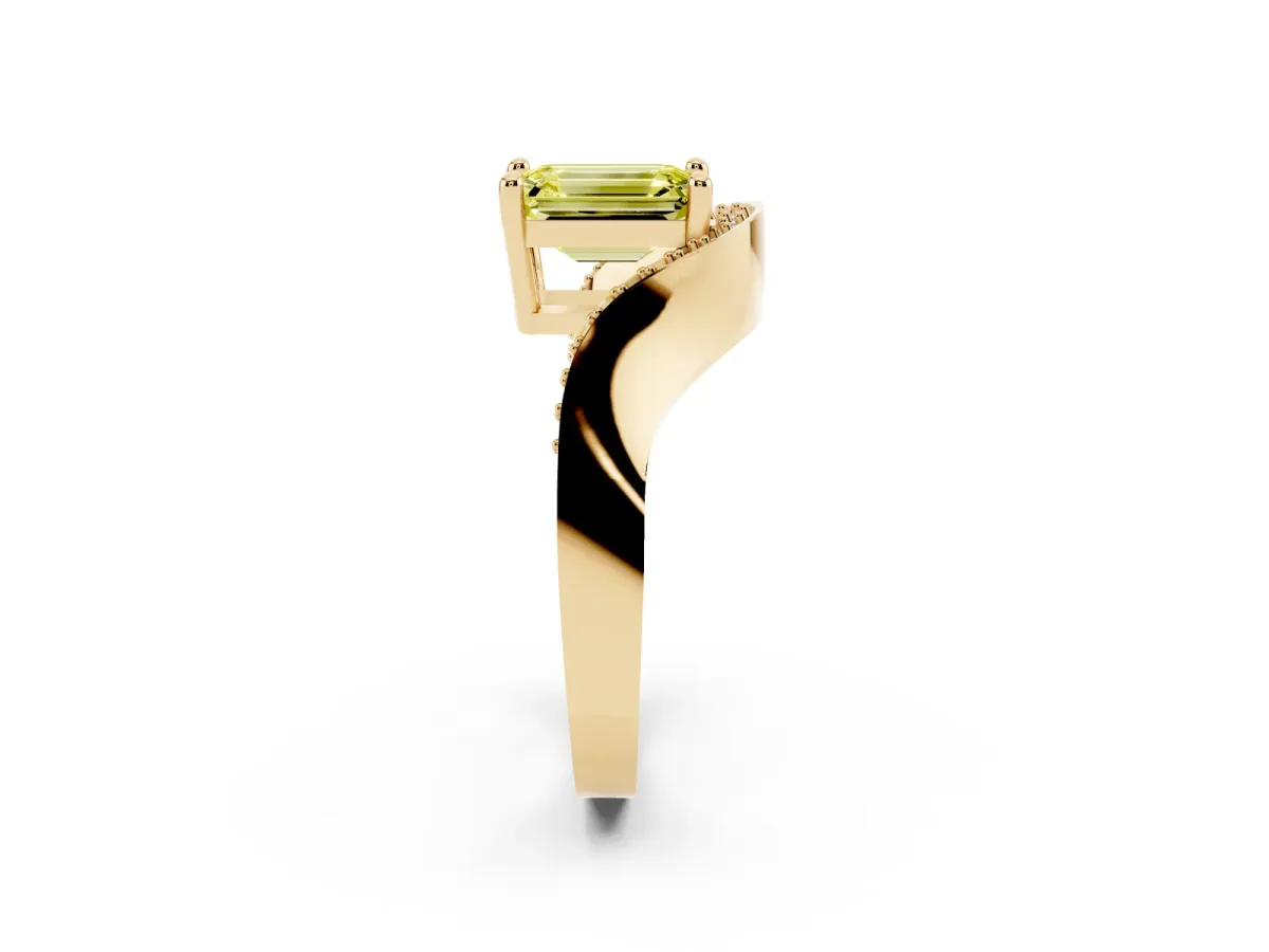Fancy Yellow Emerald Cut Solitaire Diamond Engagement Ring with Pave Band and Four-Prong Setting Yellow gold