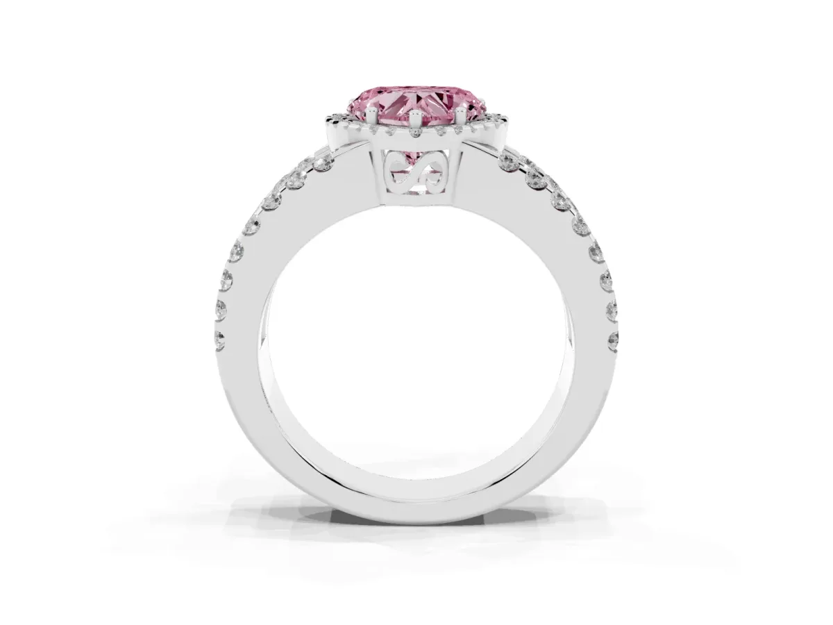 Fancy Pink Heart Cut Cut Halo Split Shank Diamond Ring with Four-Prong Setting Silver