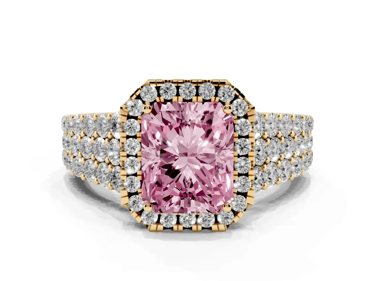 Fancy Pink Radiant Cut Diamond Halo Engagement Ring with Triple Row Round Pavé Band and Prong Setting Yellow gold