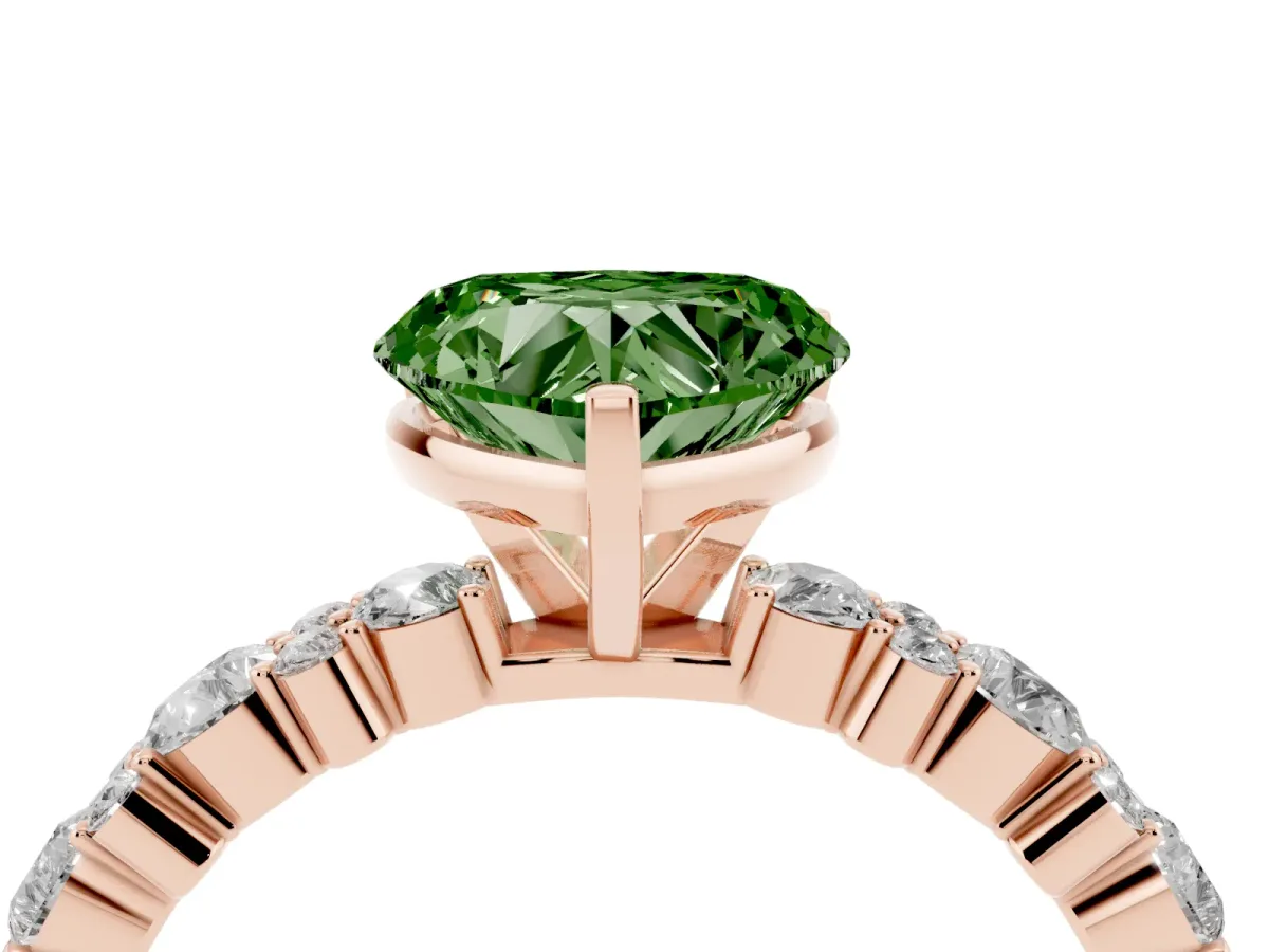 Fancy Green Heart Cut Diamond Side Stone Solitaire Ring with Round and Four-Prong Setting Rose gold
