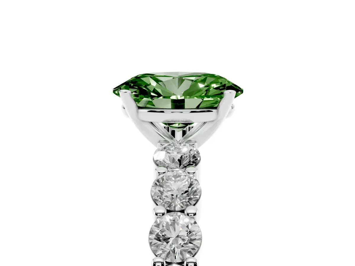 Fancy Green Oval Cut Diamond Solitaire Ring with Shared Prong Round Side Stones Silver