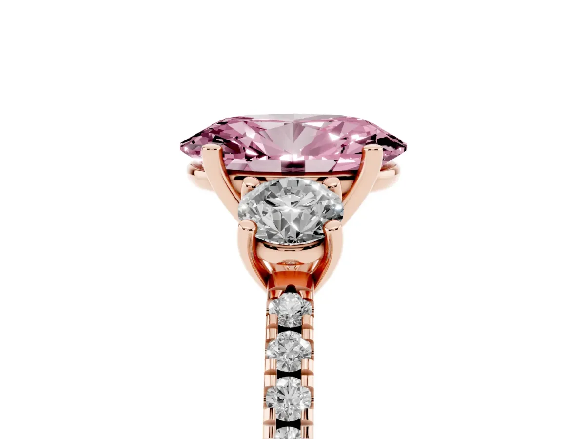 Fancy Pink Three-Stone Oval Cut Cut Diamond Pavé Band with Prong Setting Rose gold