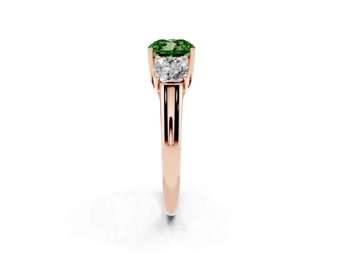 Fancy Green Three-Stone Cushion Cut Diamond Engagement Ring with Prong Setting Rose gold