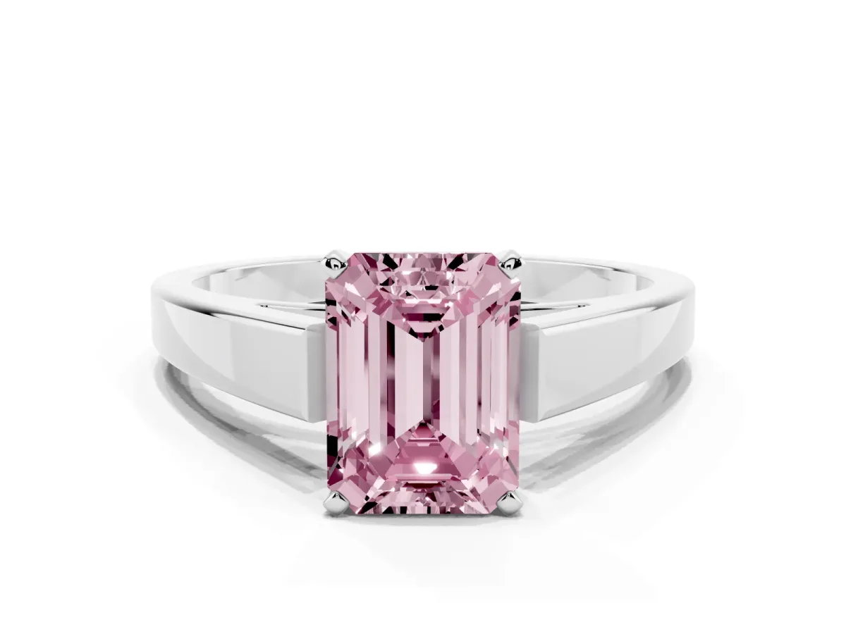 Fancy Pink Emerald Cut Solitaire Engagement Ring with Four-Prong Setting and Tapered Band Silver