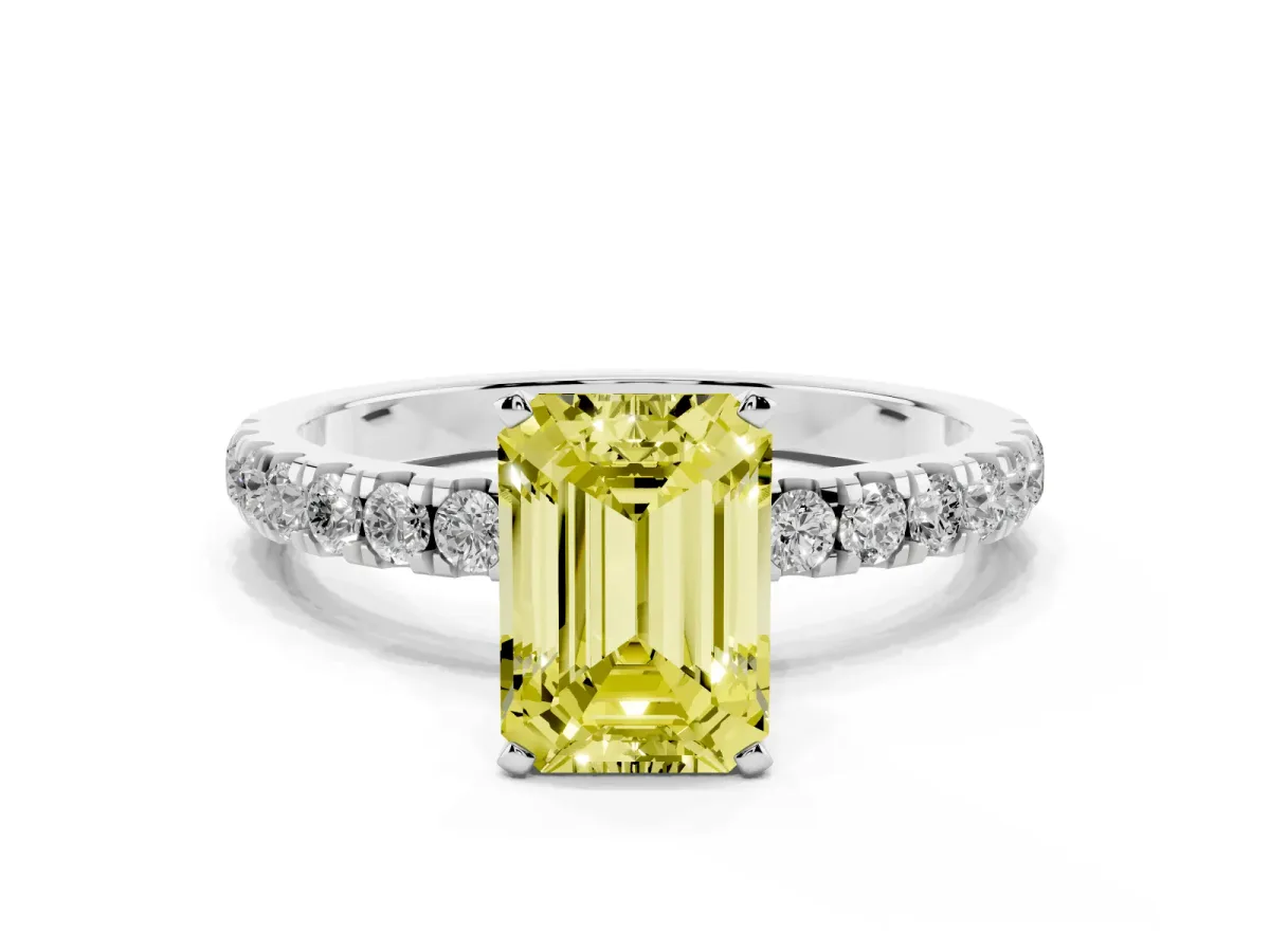Fancy Yellow Emerald Cut Diamond Solitaire Ring with Pavé Accents and Four-Prong Setting Silver