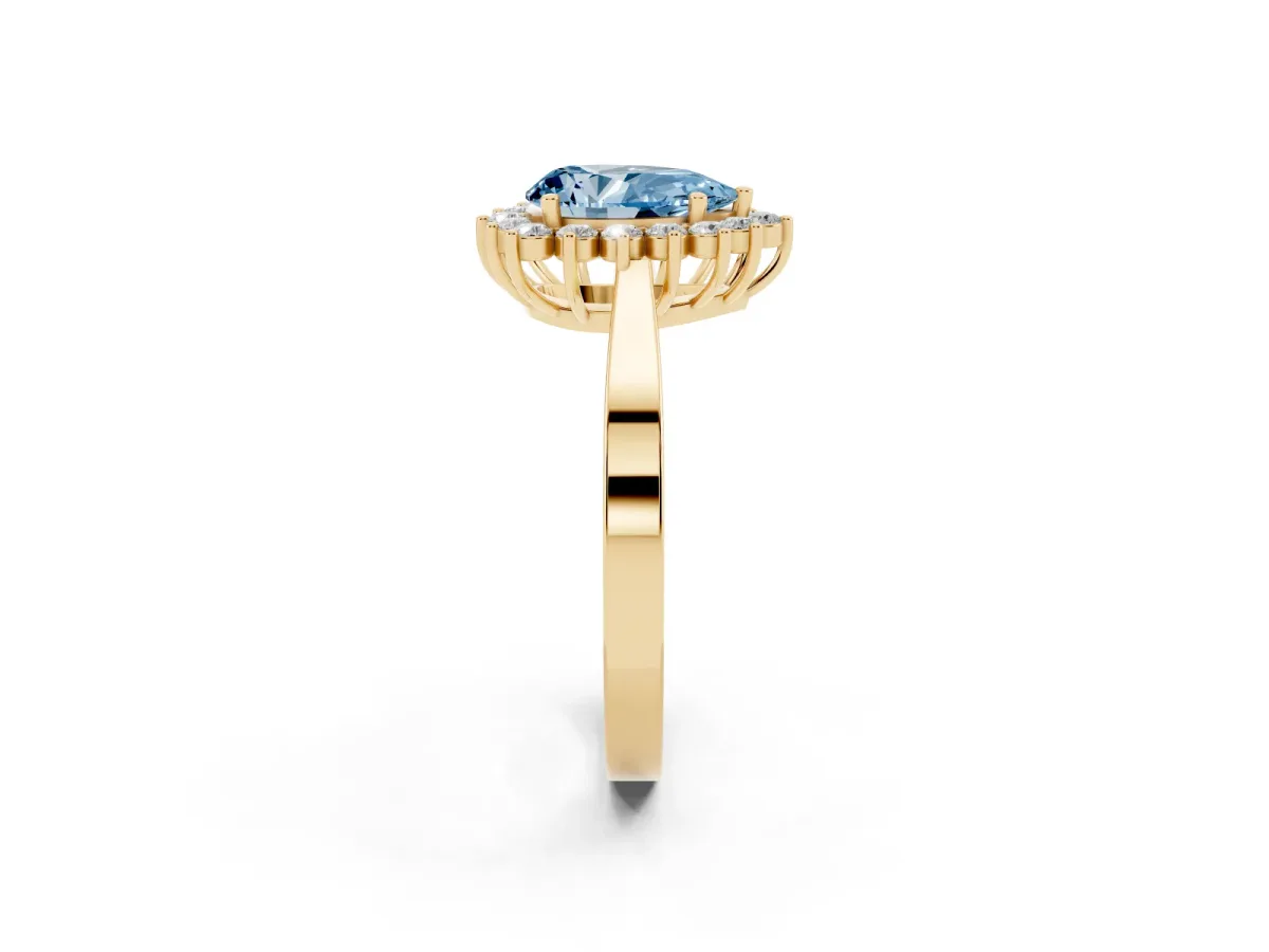 Fancy Blue Pear Cut Cut Diamond Halo Ring with Round Brilliant Halo and Solitaire Band Yellow gold
