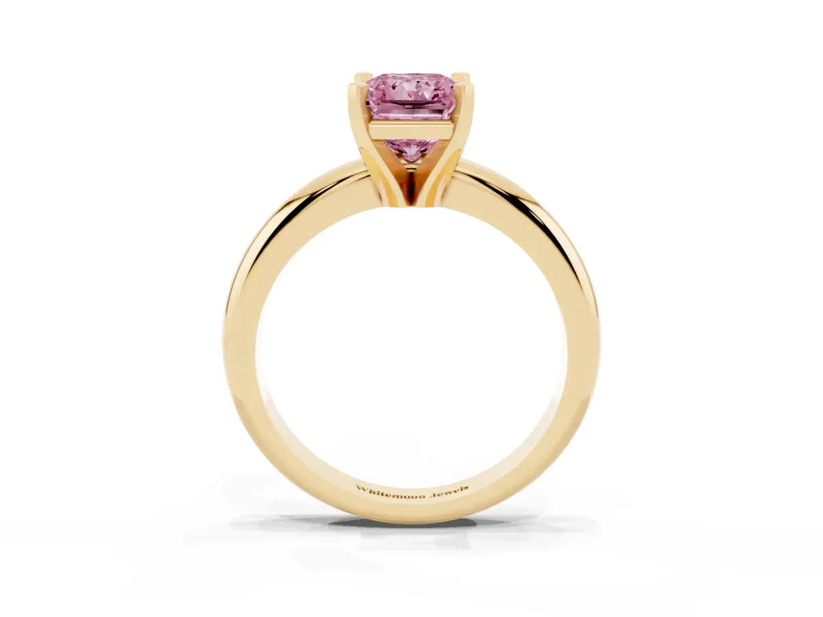 Fancy Pink Radiant Cut Diamond Solitaire Engagement Ring with Round Band and Four-Prong Setting Yellow gold