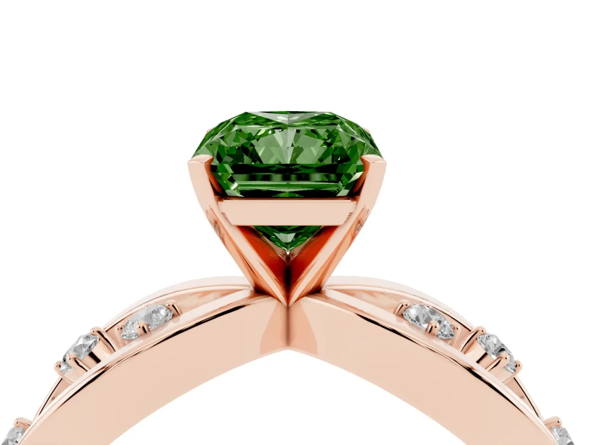 Fancy Green Radiant Cut Cut Solitaire Diamond with Side Stones on Criss-Cross Band and Four-Prong Setting Rose gold