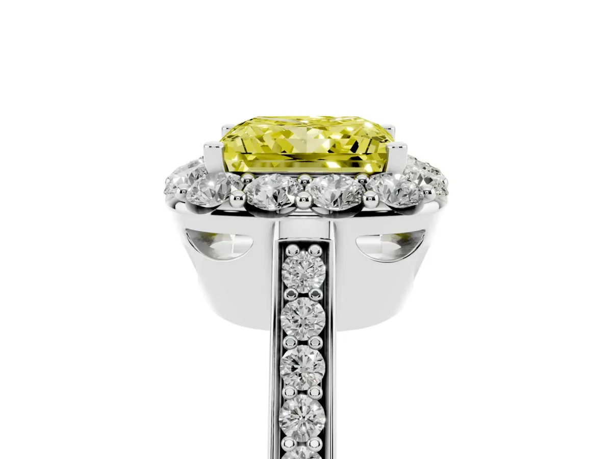 Fancy Yellow Princess Cut Diamond Floral Halo Ring with Pavé Band and Prong Setting White gold