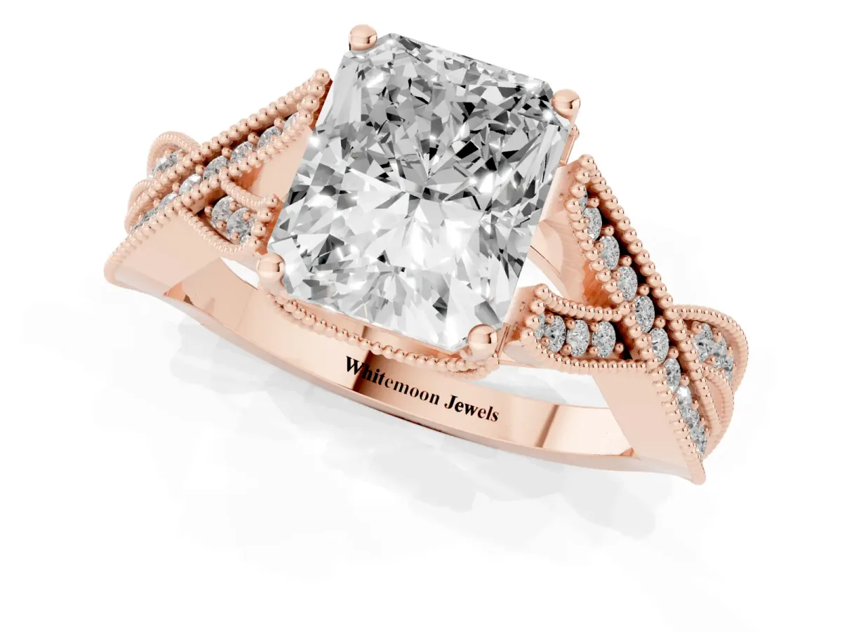 Radiant Cut Cut Diamond Twisted Band with Milgrain Pave Setting and Four-Prong Setting Rose gold