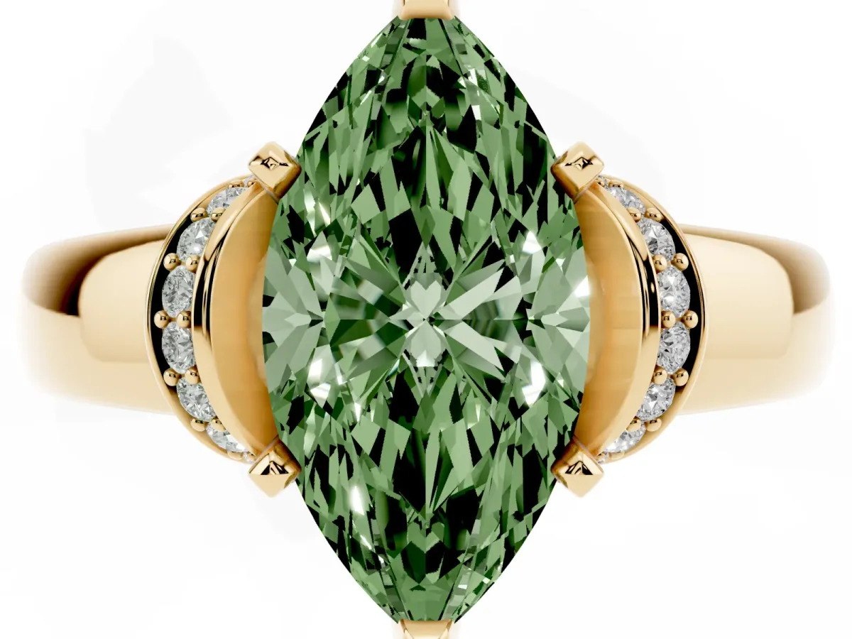 Fancy Green Marquise Cut Solitaire Diamond Ring with Pave Band and Six-Prong Setting Yellow gold