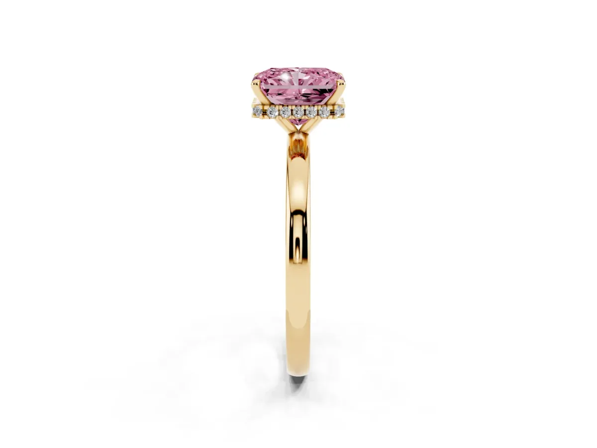 Fancy Pink Radiant Cut Solitaire Engagement Ring with Cathedral Band and Four-Prong Setting Yellow gold