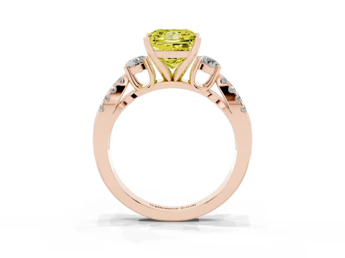 Fancy Yellow Princess Cut Diamond Three-Stone Ring with Pavé Split Shank and Four-Prong Setting Rose gold