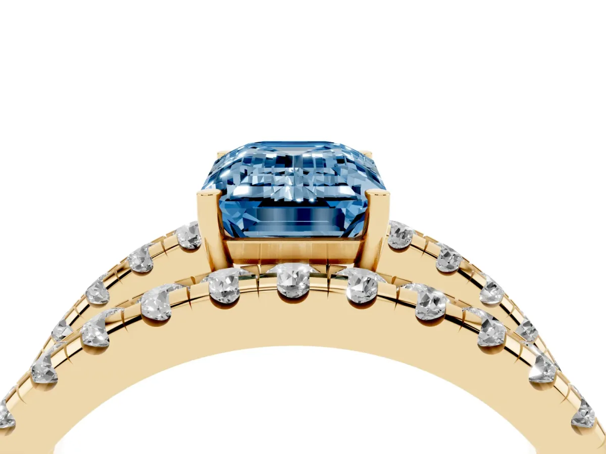 Fancy Blue Emerald Cut Solitaire Split Shank Pave Diamond Ring Yellow gold